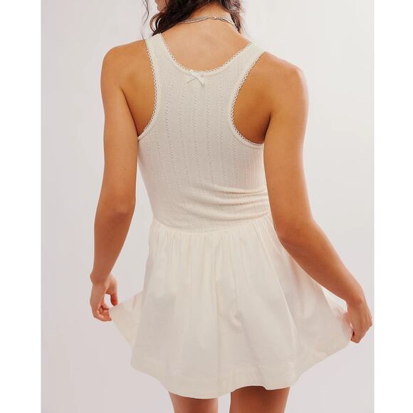 For Love & Lemons Billie Pointelle Mini Dress in Cream Drop Waist Poplin Knit - Picture 4 of 15